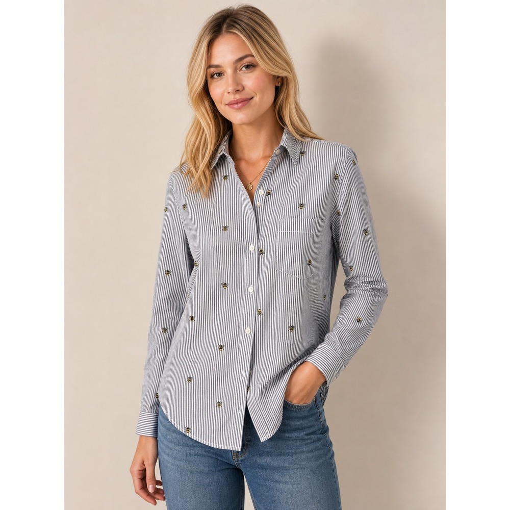 Old Navy Women Blue Striped Bee Embroidered Button Down The Classic Shirt Small